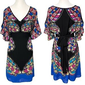 Nicole Miller Colorful Tie Waist Flutter Sleeve Cold Shoulder Dress Size 12